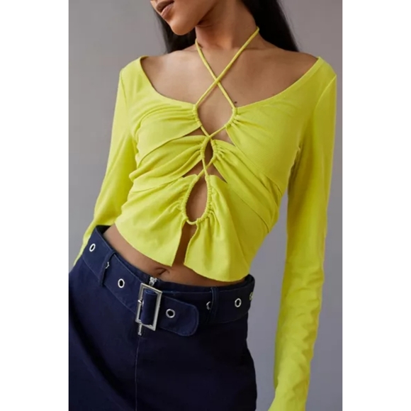 NWT Urban Outfitters UO Womens Elena Drawstring Cutout Top Lime Green Size XS - Picture 1 of 12